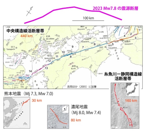 震源断層や活断層帯の長さの比較。上のピンクの線は、今回発生したM7.8の地震の震源断層。2023年2月20日時点の解析結果（出所：遠田晋次・東北大学災害科学国際研究所教授）