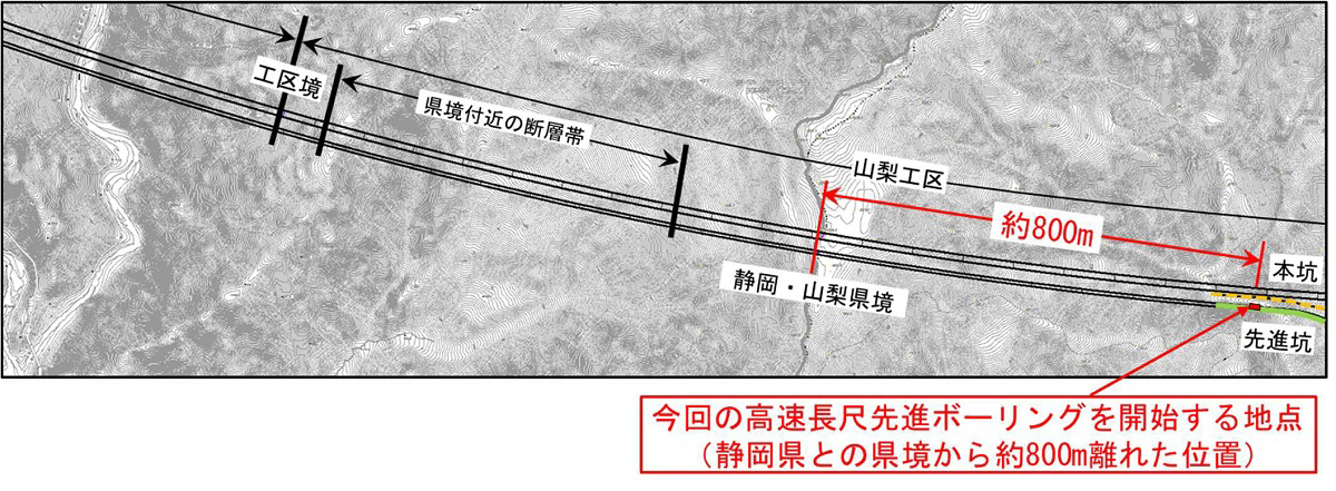 山梨県内の先進坑から静岡県側に向けて実施する高速長尺先進ボーリングの平面図（出所：JR東海）