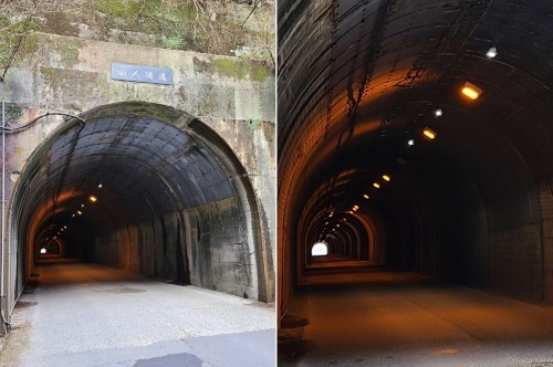 平時の助人トンネルの坑口（写真左）と坑内。本設の照明は天井に付いている（写真：奈良県）