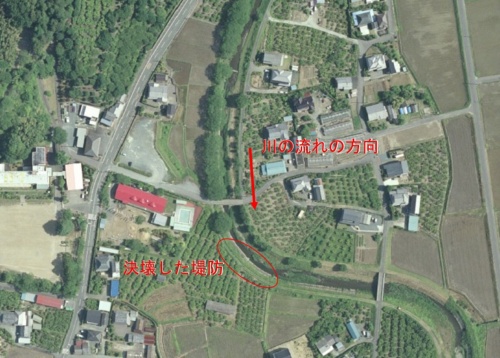 決壊が生じた場所の航空写真(出所:VIRTUAL SHIZUOKA 静岡県 中・西部 点群データの写真にクロステックが加筆)