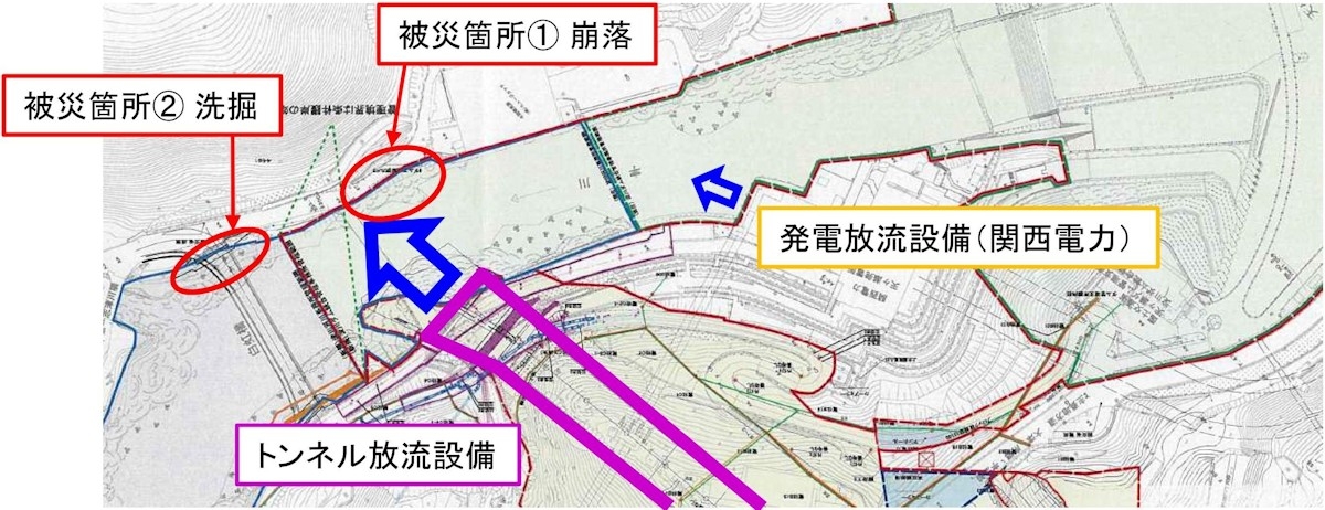 放流設備と被災箇所の位置関係（出所：国土交通省）