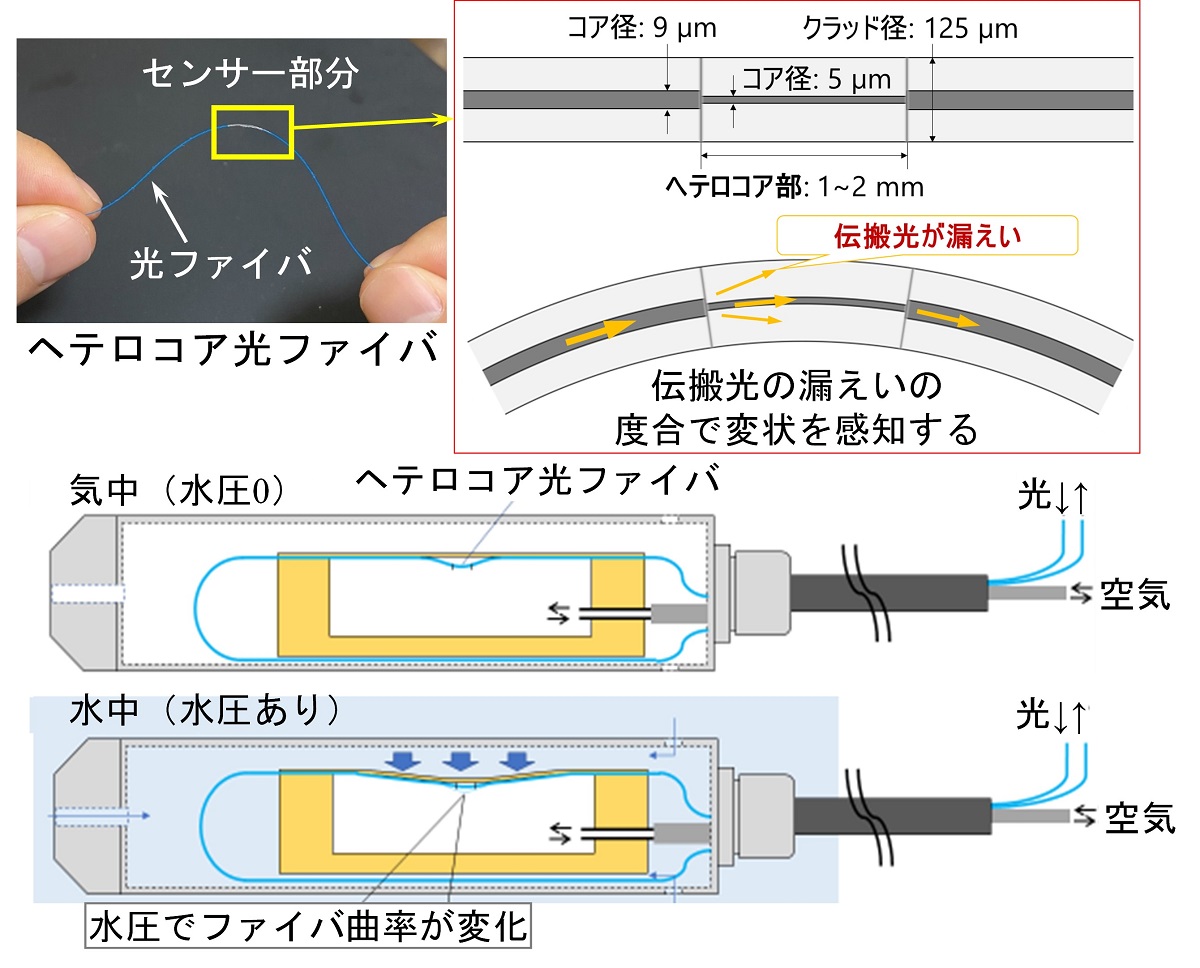 開発した水位モニタリングシステムで使う「ヘテロコア光ファイバ水位計」のイメージ（出所：奥村組）