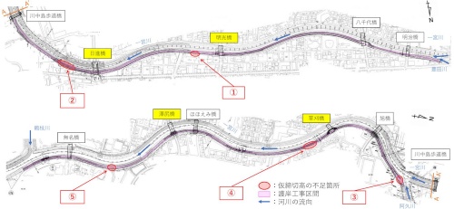 高さ不足の位置。番号は上の表に対応(出所:千葉県の資料を日経クロステックが加工)