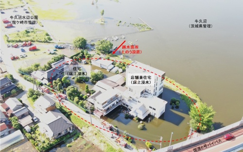 床上浸水した2棟周辺の被害状況(写真:茨城県)