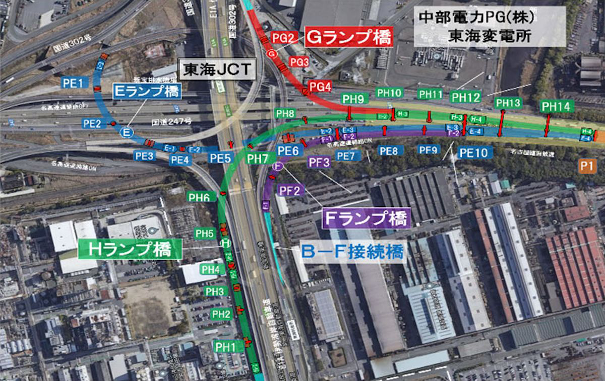 東海JCTに建設する接続路と橋脚の位置。Eランプ橋のPE7橋脚で事故があった。図の右側に西知多道路が延びる（出所：国土交通省愛知国道事務所）