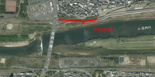 赤線の「調査実施箇所」が堤防のかさ上げ範囲(出所:国土交通省庄内川河川事務所)