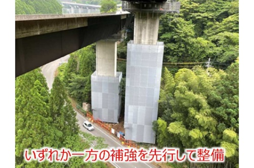 上下線の橋脚が分離している橋では、いずれか一方の橋脚補強を先行する（出所：東日本高速道路会社、中日本高速道路会社、西日本高速道路会社、本州四国連絡高速道路会社）