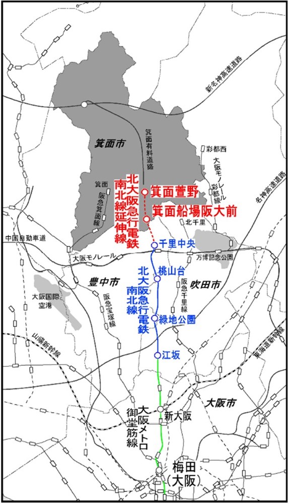 箕面船場阪大前駅と箕面萱野駅の位置図（出所：箕面市）