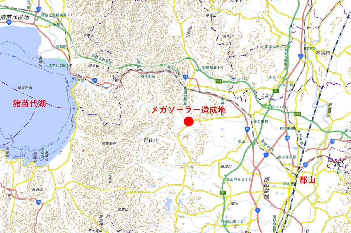 郡山市で造成中のメガソーラーの位置図（出所：国土地理院の地図に日経クロステックが加筆）