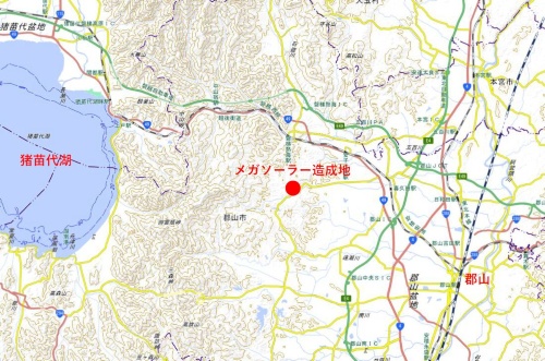 郡山市で造成中のメガソーラーの位置図(出所:国土地理院の地図に日経クロステックが加筆)