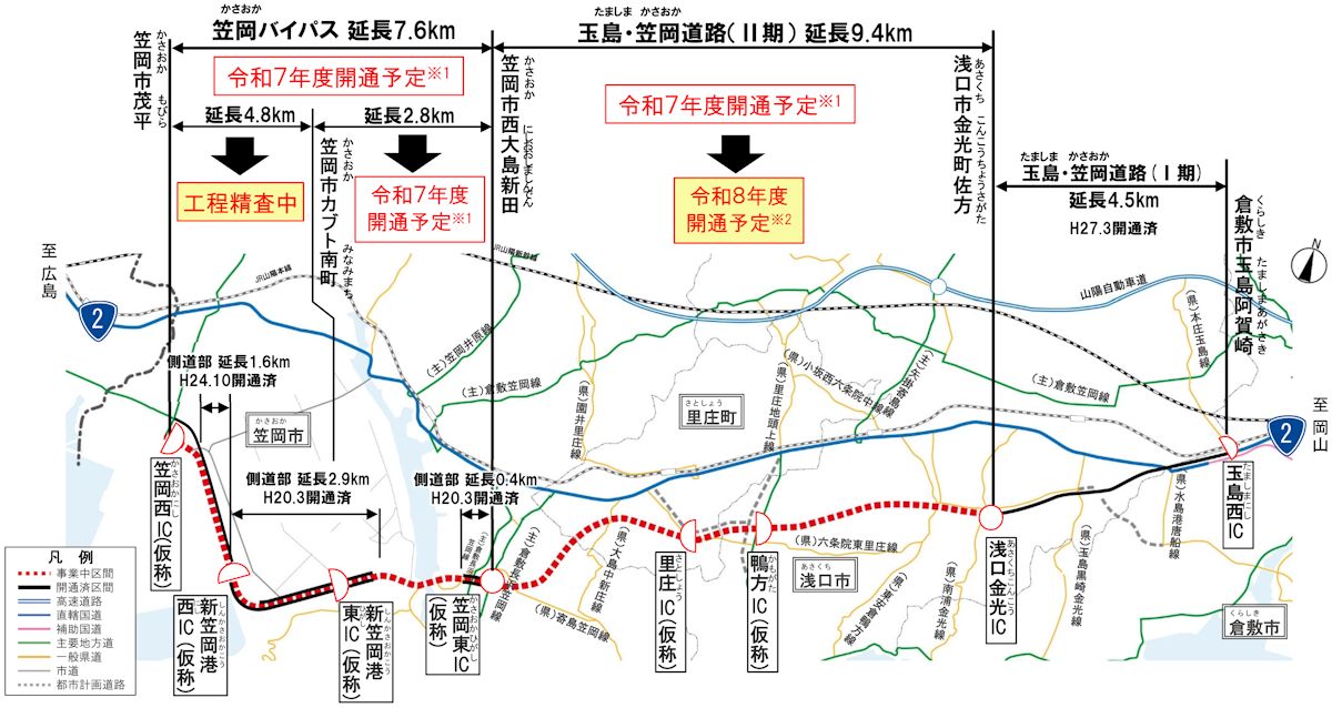 笠岡バイパスと玉島・笠岡道路（II期）の開通予定（出所：国土交通省岡山国道事務所）