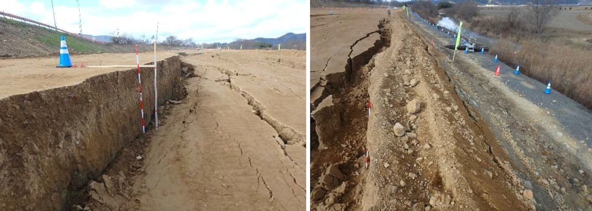 崩壊した笠岡バイパスの盛り土。左の写真は、盛り土の変状によって生じた高さ約1.5mの段差。右は、盛り土の法面が押し出されて生じた開口亀裂（写真：国土交通省岡山国道事務所）
