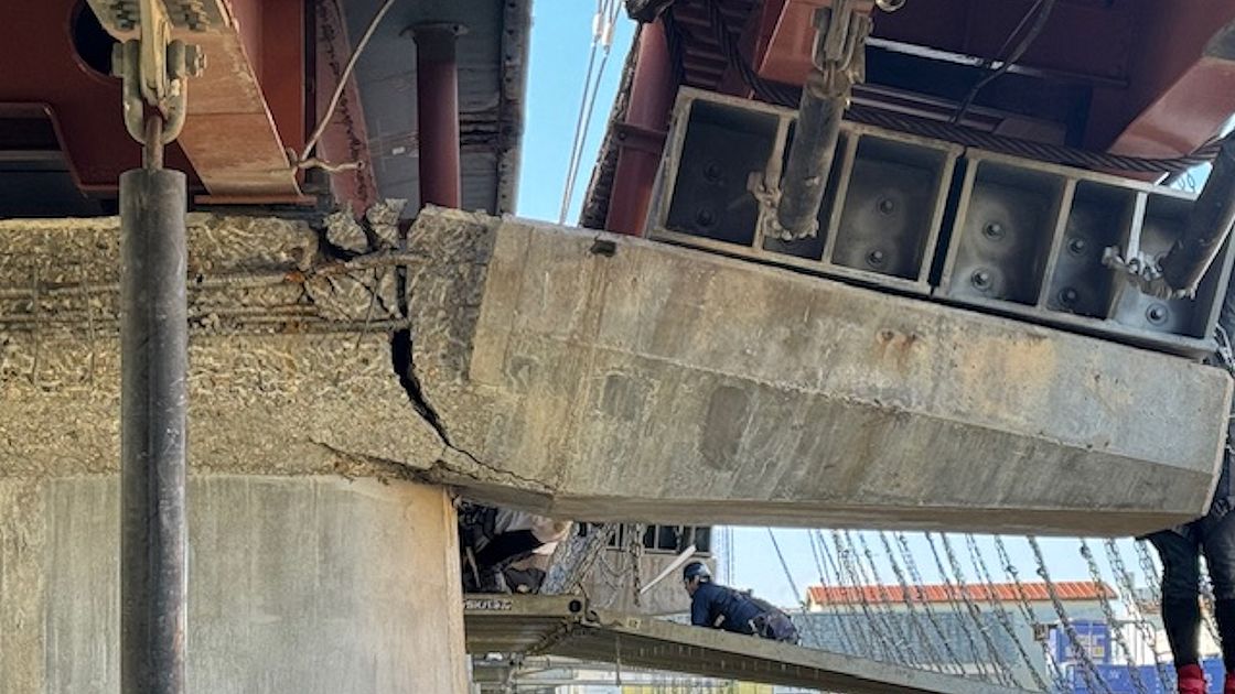 橋脚上部が折れた涌谷大橋、車道の支承部も損傷　3月の通行再開目指す