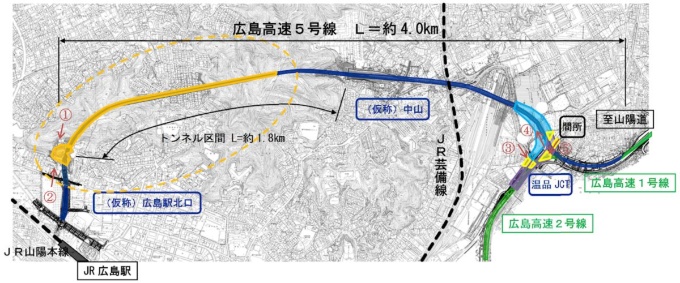 広島高速5号の位置図。黄色い箇所が大林組JVの施工範囲(出所:広島高速道路公社)