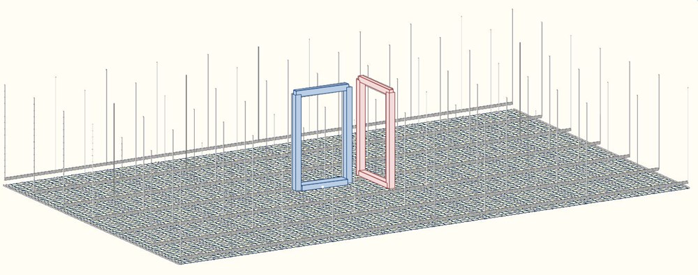 門天工法導入時の天井内部のイメージ。50m2に1対と集中的に配置することで、天井内部の設備機器や配管の設計の自由度を高める（資料：戸田建設）
