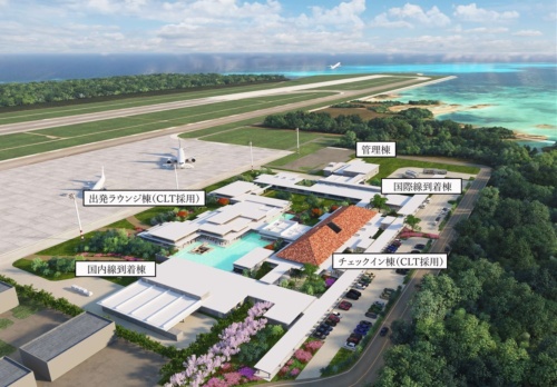 2019年3月30日開業予定の「みやこ下地島空港ターミナル」の完成イメージ。出発ラウンジ棟、チェックイン棟、国際線到着棟、国内線到着棟、管理棟の低層5棟で構成する（資料：三菱地所の資料に日経アーキテクチュアが加筆）