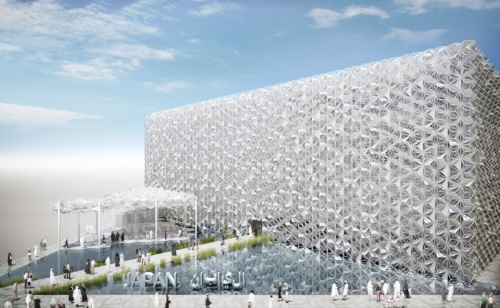 2020年ドバイ国際博覧会日本館の外観イメージ。外観デザインに立体格子を用いて、日本の伝統文様「麻の葉文様」を表現する。環境にも配慮し、建築全体を環境装置とする計画だ（資料：経済産業省）