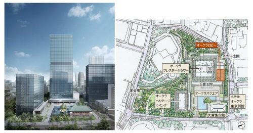 「オークラ東京」の外観パース（左）と建物の配置図（右）。旧オークラロビーの窓面は東向きだったが、新しいロビーでは南向きとなる（資料：谷口建築設計研究所）