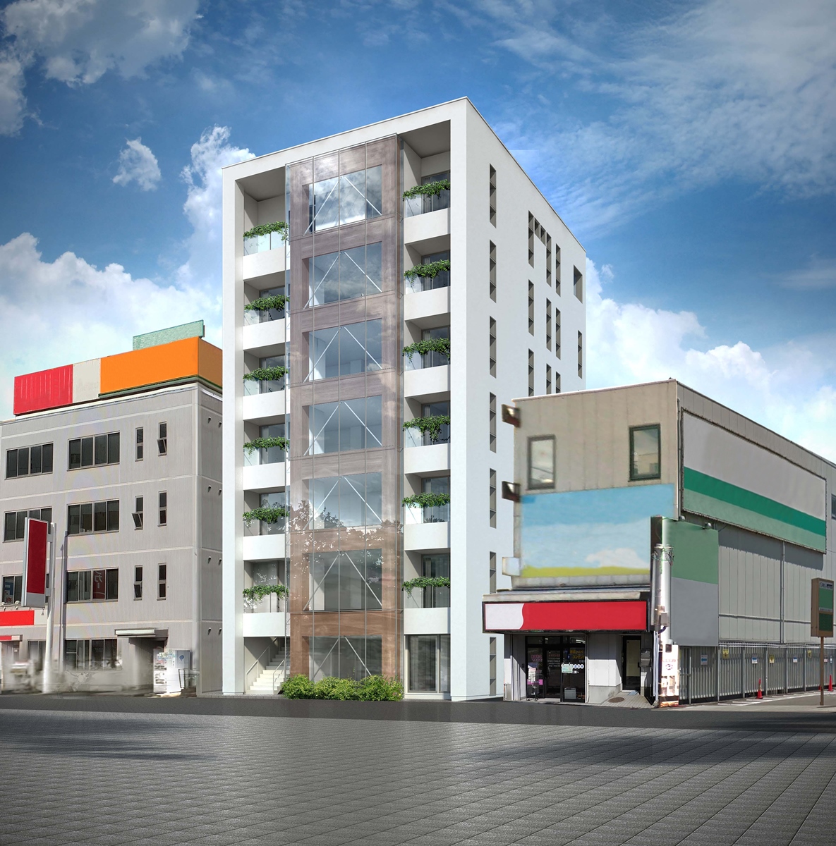 「（仮称）仙台駅東口プロジェクト」の完成予想パース。前面にガラスカーテンウオールを用い、COOL WOODの表面材を現しにする（資料：シェルター）