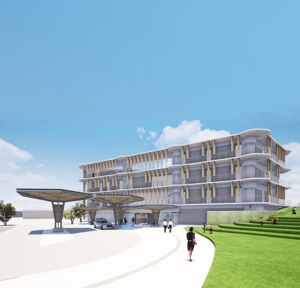建設予定だった垂水市新庁舎の完成イメージ。新庁舎は延べ面積約5900m2で、免震構造を採用。鉄筋コンクリート造・一部鉄骨造、地上4階建ての計画で、2020年9月には造成工事に着手する予定だった。設計は宇住庵設計・NKSアーキテクツ・大隅家守舎設計業務共同企業体（資料：垂水市）