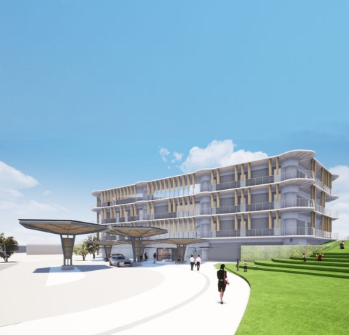 建設予定だった垂水市新庁舎の完成イメージ。新庁舎は延べ面積約5900m2で、免震構造を採用。鉄筋コンクリート造・一部鉄骨造、地上4階建ての計画で、2020年9月には造成工事に着手する予定だった。設計は宇住庵設計・NKSアーキテクツ・大隅家守舎設計業務共同企業体(資料:垂水市)