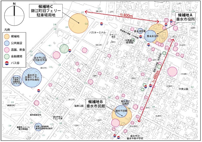新庁舎建設地の候補地には、現庁舎と市民館、錦江町旧フェリー駐車場用地の3カ所が選定された。新庁舎建設検討委員会での議論やパブリックコメントを踏まえて、市は錦江町旧フェリー駐車場用地を候補地に決定した（資料：垂水市）