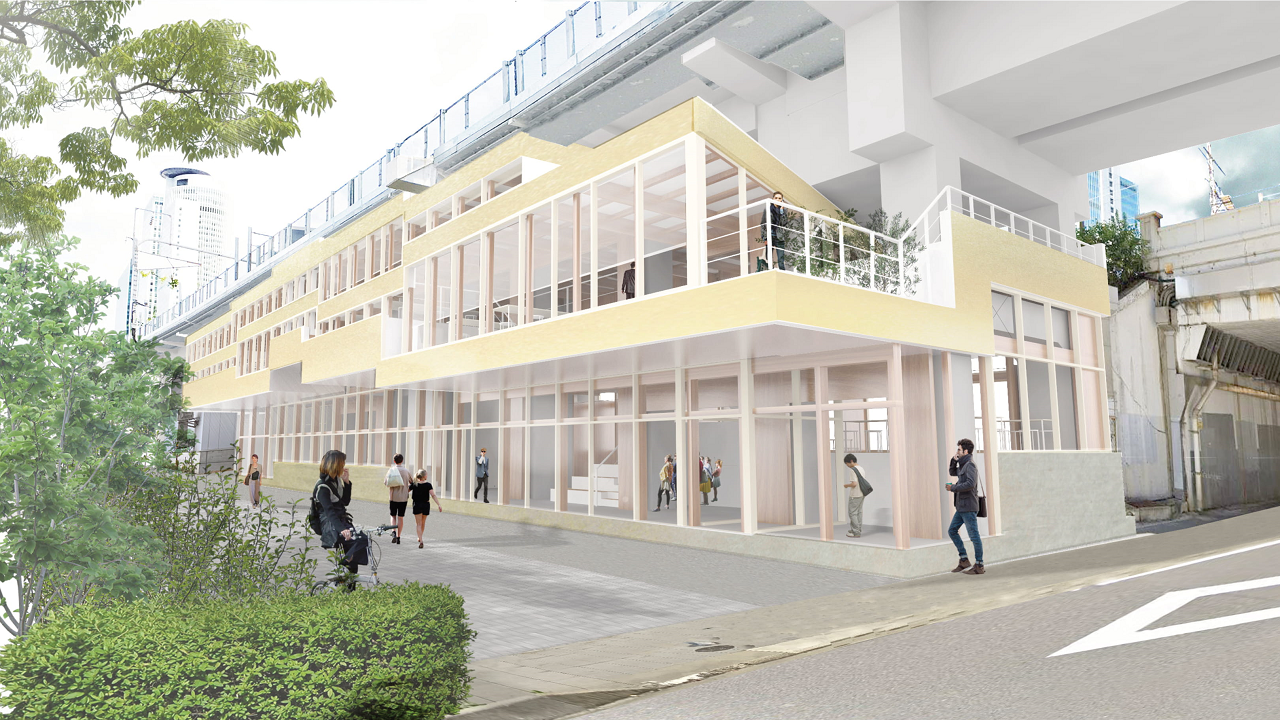 高架下建築 新幹線高架下に2階建て木造オフィス、繊維補強の集成材で大空間に