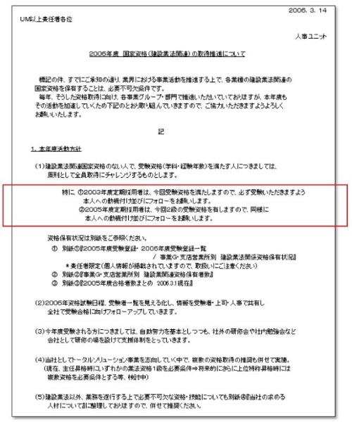 パナソニック環境エンジニアリングの人事ユニットが2006年3月に通達した社内文書。赤枠で示したように、社員ごとの実務経験の違いを考慮せず、社歴に応じて資格取得を強く推奨していた(資料:パナソニック環境エンジニアリングの第三者委員会)
