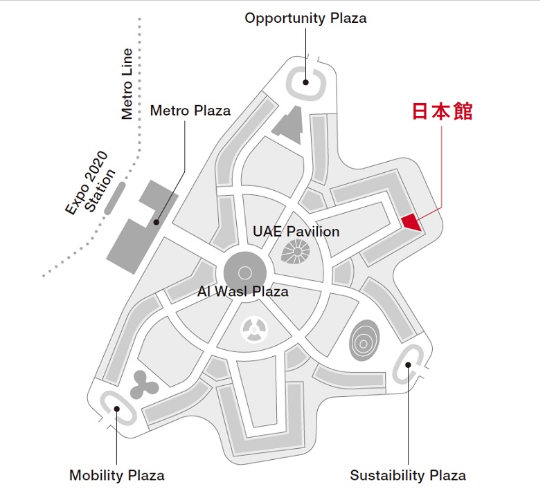 万博会場での日本館の位置（資料：2020年ドバイ国際博覧会日本館広報事務局）