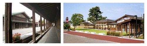 左:木製のアーケードが連なる、中町こみせ通り。右:1997年にオープンした横町かぐじ広場。商店街の「かぐじ」を利用してつくられた(写真:2点とも黒石市)