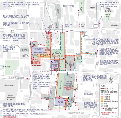 エリアリノベーションの将来イメージ。市民サービス施設(仮称)と産業会館に面する「かぐじスクエア」では、藩政時代から続いてきた黒石市名物「旧正マッコ市」などの既存イベントを受け継ぐ。また産業会館1階の厨房機能を生かした炊き出しスペースとしての活用も見込んでいる(資料:黒石市)