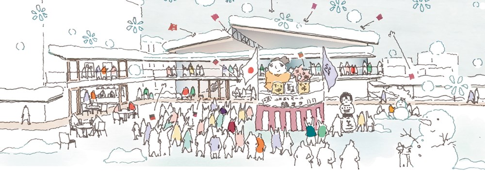 「かぐじスクエア」のイメージ。「回廊こみせ」は日常的な連絡通路として使用するだけでなく、イベント時には屋台や展示スペース、災害時には仮設テントとしての利用を考えている（資料：黒石市）