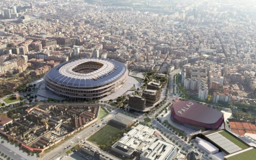 カンプ・ノウ（左）とパラウ・ブラウグラナ（右）の改修後のイメージ。2022年に改修工事に着手し、新カンプ・ノウは25年、新パラウ・ブラウグラナは26年に完成予定だ（資料：FC Barcelona）