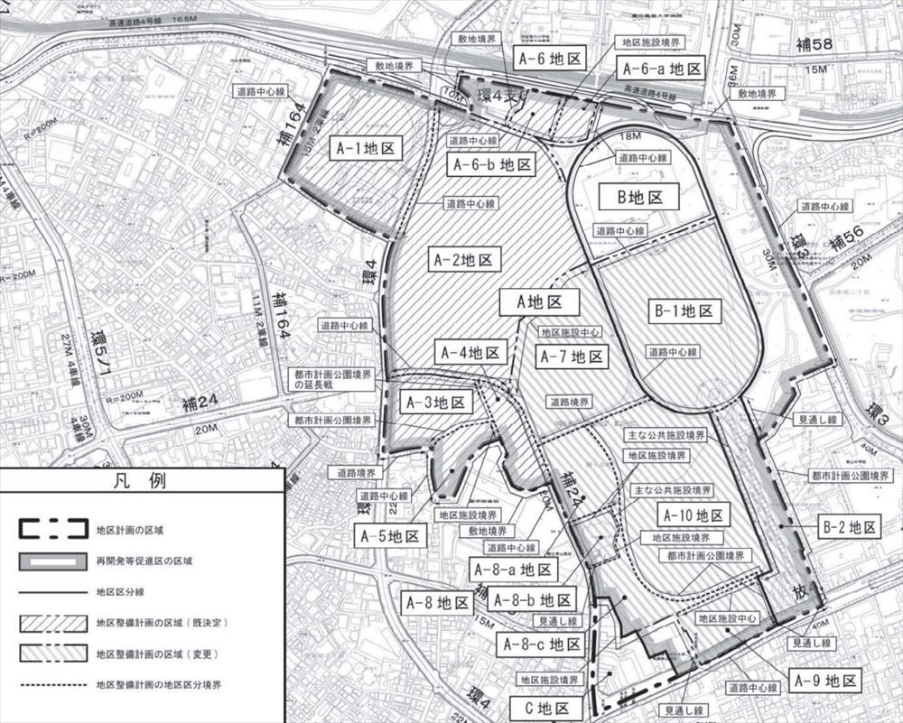 東京都の地区計画の計画図。A-7、A-8-a～c、A-9、A-10、B-1、B-2などの地区計画を変更した（資料：東京都）