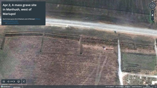 ウクライナ衛星画像マップより。ウクライナ南東部マリウポリ近郊、新たに確認された集団墓地。4月3日の画像で、3月23日の同地点の画像には存在しない（資料：Satellite Images Map of Ukraine）