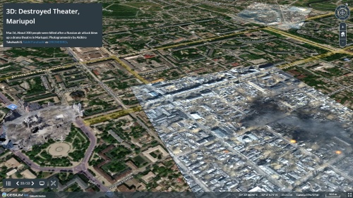 ウクライナ衛星画像マップより。1つ上の画像のビューからCesiumのナビゲート機能で視点と角度を変えてみると、複数のマッピングの位置関係が分かる。フォトグラメトリーによる3Dモデル（画面左下）も同じデジタル地球儀上にマッピングされている（資料：Satellite Images Map of Ukraine）