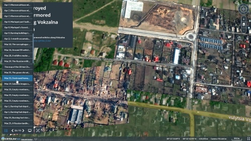 ウクライナ衛星画像マップより。スライドショー的に順に表示する以外に、任意に「スライド」を選んで直接アクセスも可能。表示しているのは3月31日の画像で、ウクライナ首都キーウ（キエフ）郊外、ブチャの住宅地の様子（資料：Satellite Images Map of Ukraine）