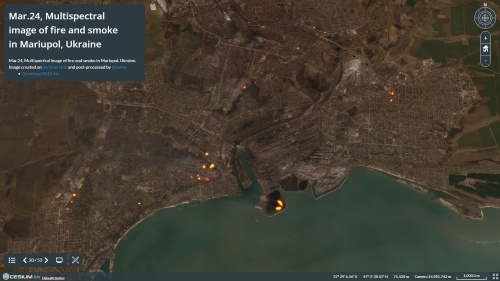 ウクライナ衛星画像マップより。3月24日の画像で、ESAの地球観測衛星「Sentinel-2」が記録したマルチスペクトル画像に後処理を施し、マップに合成して火災状況を可視化している（資料：Satellite Images Map of Ukraine）