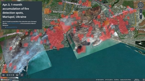 ウクライナ衛星画像マップより。NASAのFIRMSから取得した火災検知スポットの3月分の累積画像に後処理を施し、マップに合成して火災状況を可視化している（資料：Satellite Images Map of Ukraine）