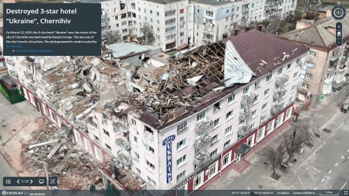 ウクライナ衛星画像マップより。ウクライナ北部チェルニーヒウ、3つ星ホテル「ウクライナ」のフォトグラメトリー。3月12日にロシア軍による攻撃で破壊された（資料：Satellite Images Map of Ukraine）