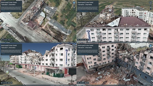 ウクライナ衛星画像マップより。3DモデルとしてCesiumにマッピングされているので、ナビゲート機能を用いれば自由な角度から閲覧できる。元の映像で隠れている箇所などはモデルの精度が落ちる（資料：Satellite Images Map of Ukraine）