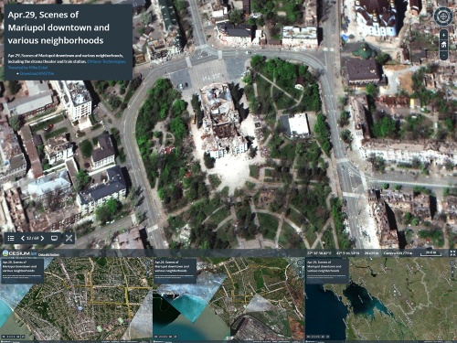 ウクライナ衛星画像マップより。ウクライナ南東部マリウポリ、市街地の様子（上の画像）から段階的にズームバック（下3点の画像）。個別の画像だけでは読み取りにくい地理的な位置付けが分かりやすく可視化されている（資料：Satellite Images Map of Ukraine）