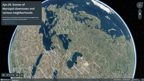 ウクライナ衛星画像マップより。1つ前の画像から、さらにズームバックした状態。「デジタルアース」「デジタル地球儀」などと呼ばれるプラットフォームのうち、オープン化されてるCesiumにマッピングしている。標準化されたファイル形式「KML」を用いているので、グーグルアース（Google Earth）などにもコンテンツの「転載」は可能（資料：Satellite Images Map of Ukraine）