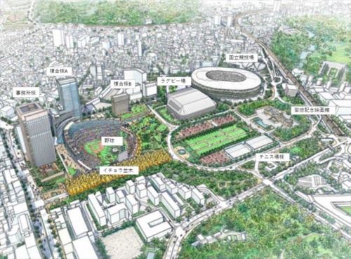 事業者が作成した再開発事業のイメージパース。敷地は国立競技場に隣接する（資料：東京都の資料に日経クロステックが加筆）