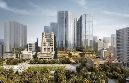 「内幸町1丁目街区」の完成イメージ。手前は日比谷公園(資料:NTTアーバンソリューションズ、公共建物、第一生命保険、中央日本土地建物、帝国ホテル、東京センチュリー、東京電力ホールディングス、NTT、NTT東日本、三井不動産)