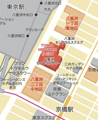 東京駅八重洲口前で進む3つの大型再開発事業。東京ミッドタウン八重洲は真ん中に位置する（資料：三井不動産）