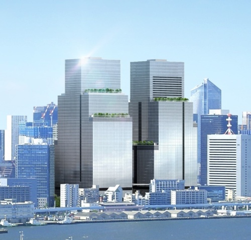 「芝浦プロジェクト」の完成イメージ。浜松町駅近くにツインタワーが立つ。左がS棟（出所：野村不動産、JR東日本）