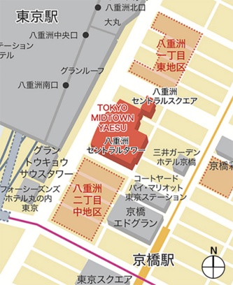 JR東京駅八重洲口前で進む市街地再開発。地図は上が北。東京ミッドタウン八重洲は、地図中央の赤色のエリアに立つ(画像:三井不動産)
