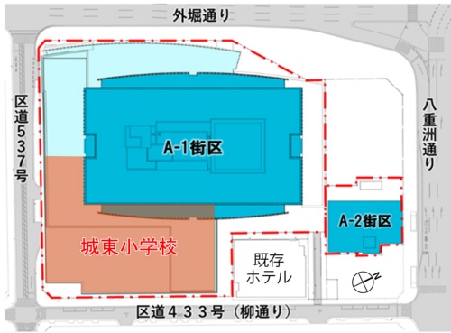 東京ミッドタウン八重洲の配置図。右が北。赤色の部分に城東小学校が入っている。東側の隣接した場所にホテルが立っている(出所:三井不動産の資料に日経クロステックが加筆)