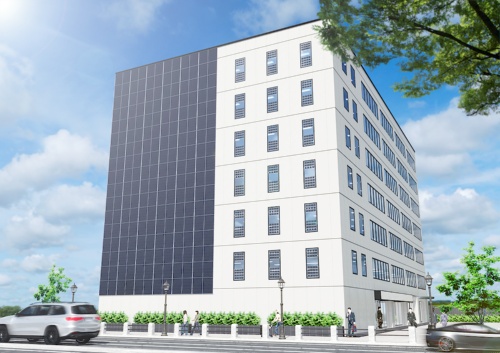 「アスロックレールファスナー太陽光パネル設置工法(仮称)」で建物の外壁に太陽光パネルを設置したときのイメージ(出所:AGC)